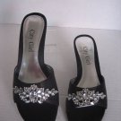 City Girl Princess Jeweled Black Satin Fabric Slip On Kitten Heel Shoe Sz 6 NWWB