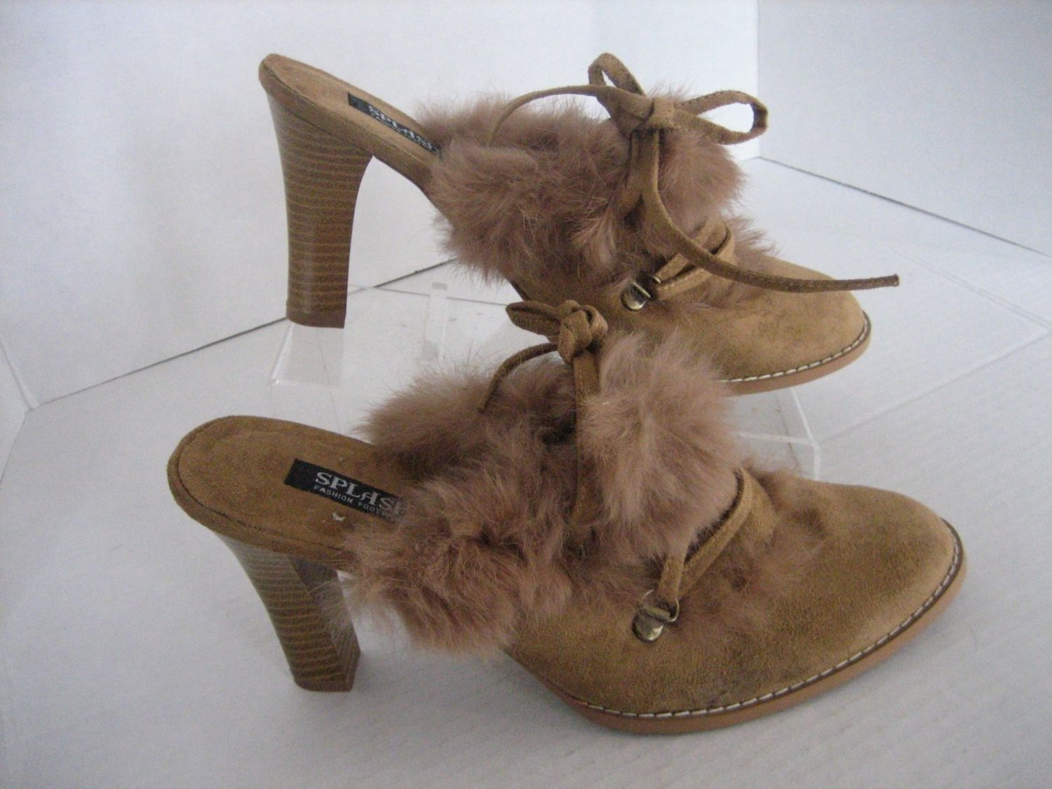Splash Women's Tan Faux Suede & Fur High Heel Slip On Mule Shoes Sz 8 NWNB