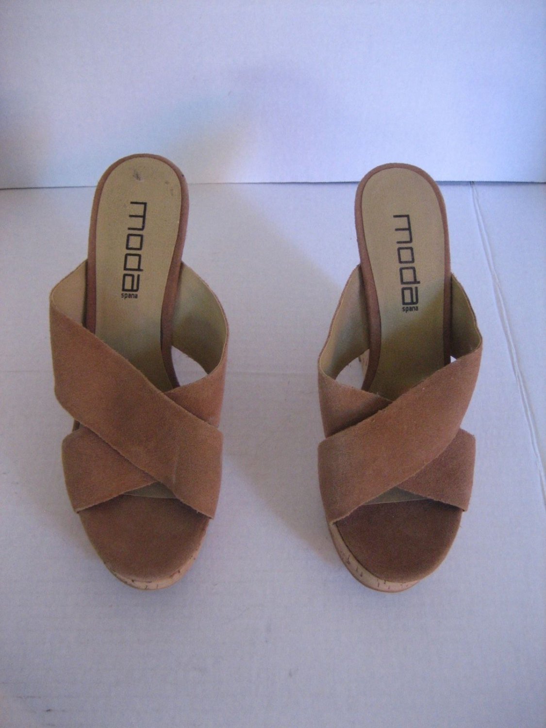Moda Spana Women's Tan Suede Criscross Slip On Wedge Cork High Heel Shoe Sz 8 NW
