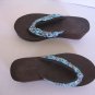 Sun Dance Brown/Blue Fancy Beads Women's Wedge Heel Flip Flop Sz 8 Pre-Owned