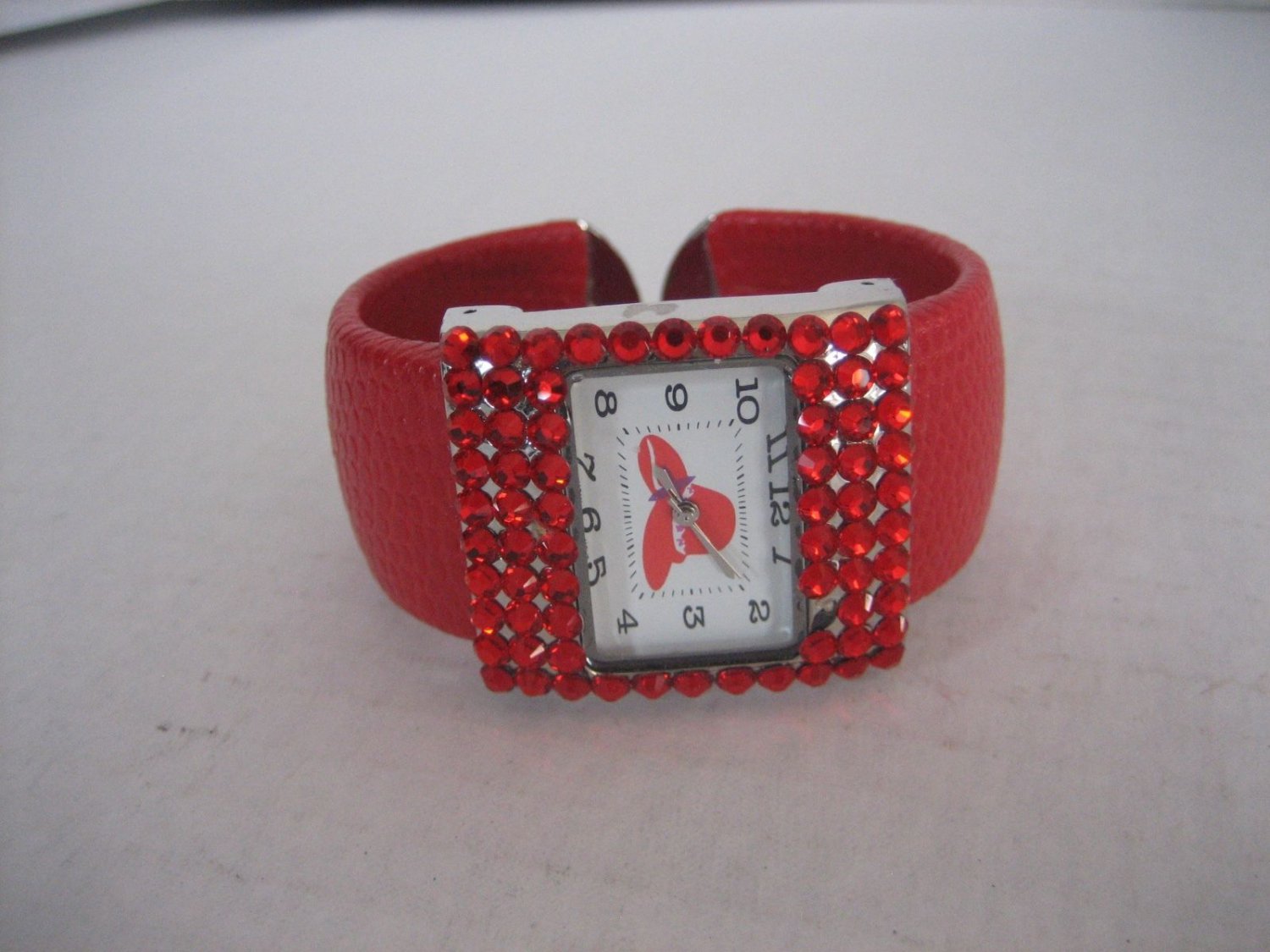 Women's Rhinestone Red Hat Fashion WristWatch Red Faux Animal Skin Band PreOwned