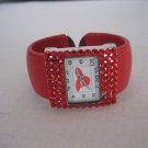 Women's Rhinestone Red Hat Fashion WristWatch Red Faux Animal Skin Band PreOwned