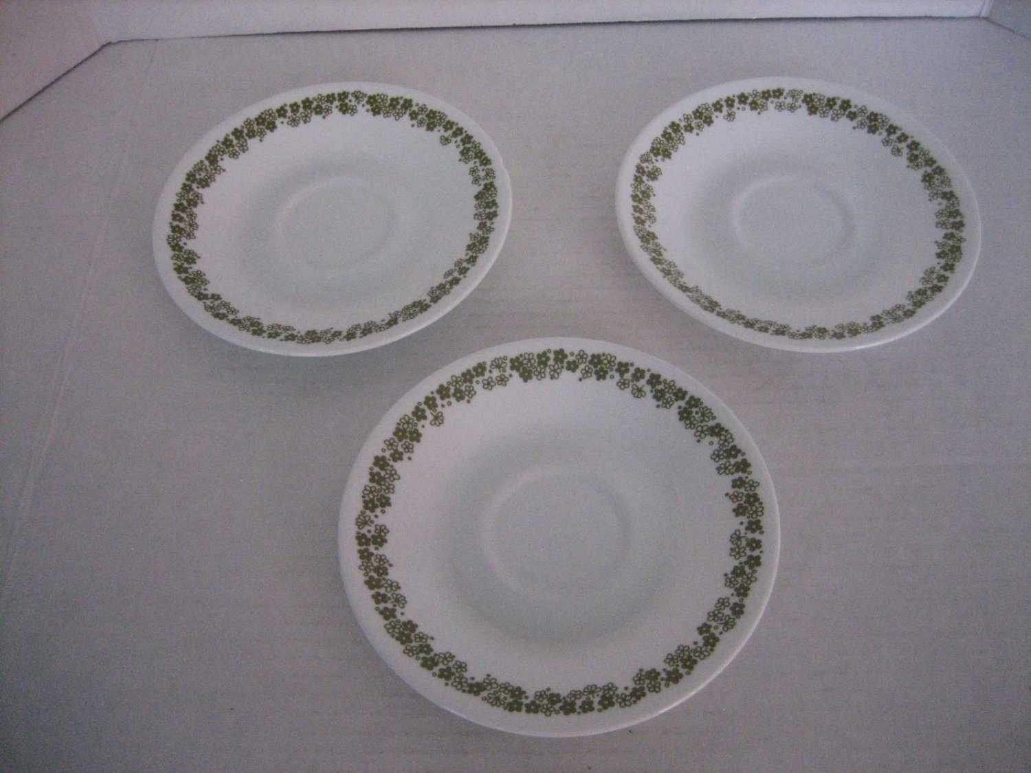 Corelle By Corning Spring Blossom 3 White Saucers Olive Green Flowers Pre-Owned