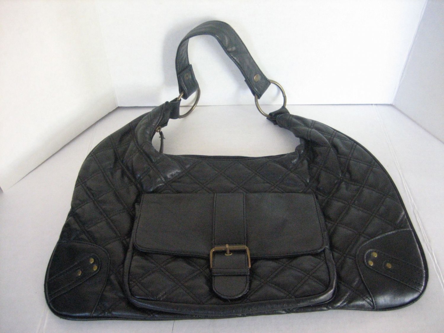 Black Faux Leather Quilted Shoulder Purse Handbag with Bronze Metal Buckle New