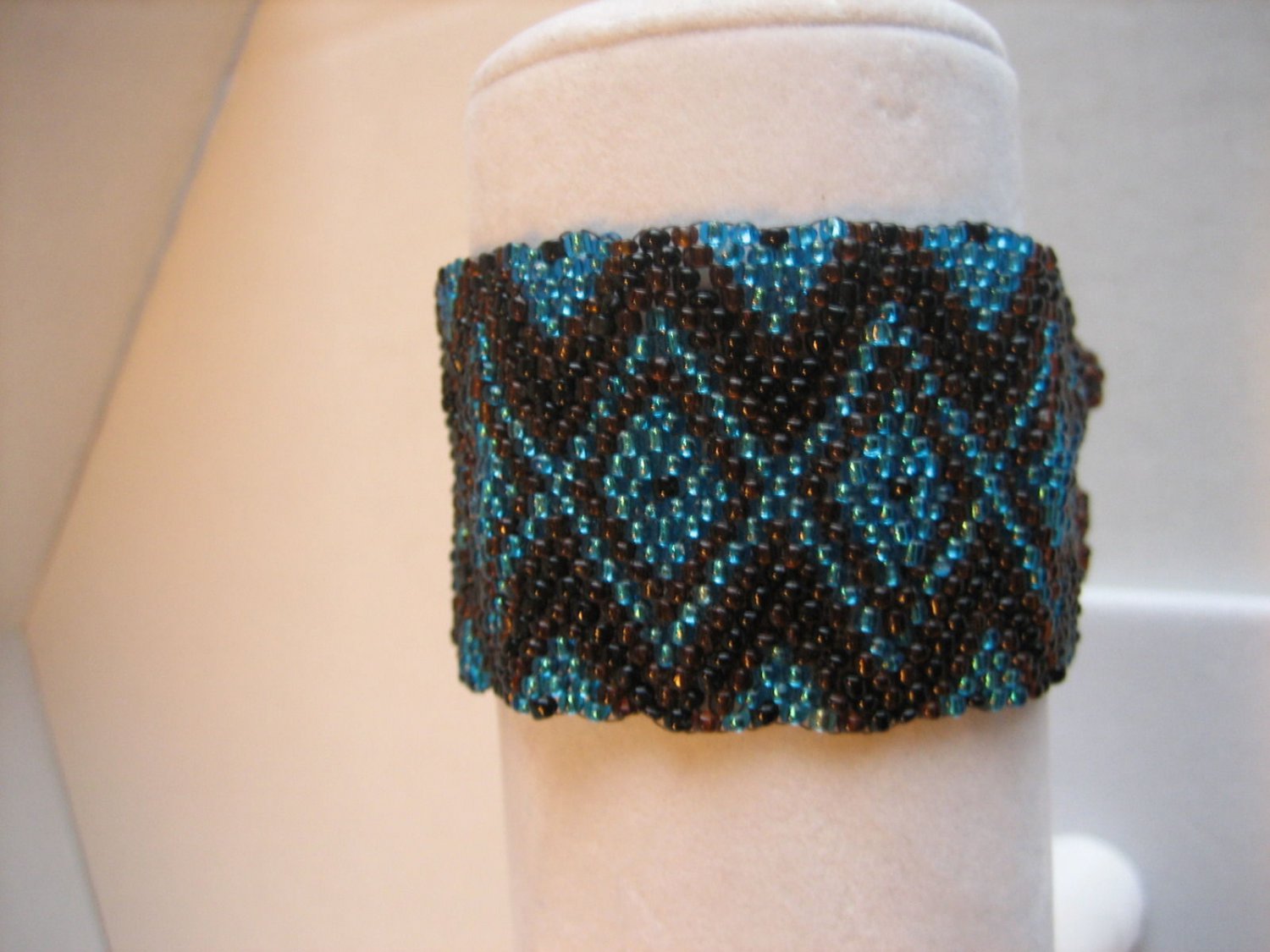 Hand Beaded Brown & Blue Wide Beaded Decorative Bracelet 8 in. L x 1 1/2 in.W NW