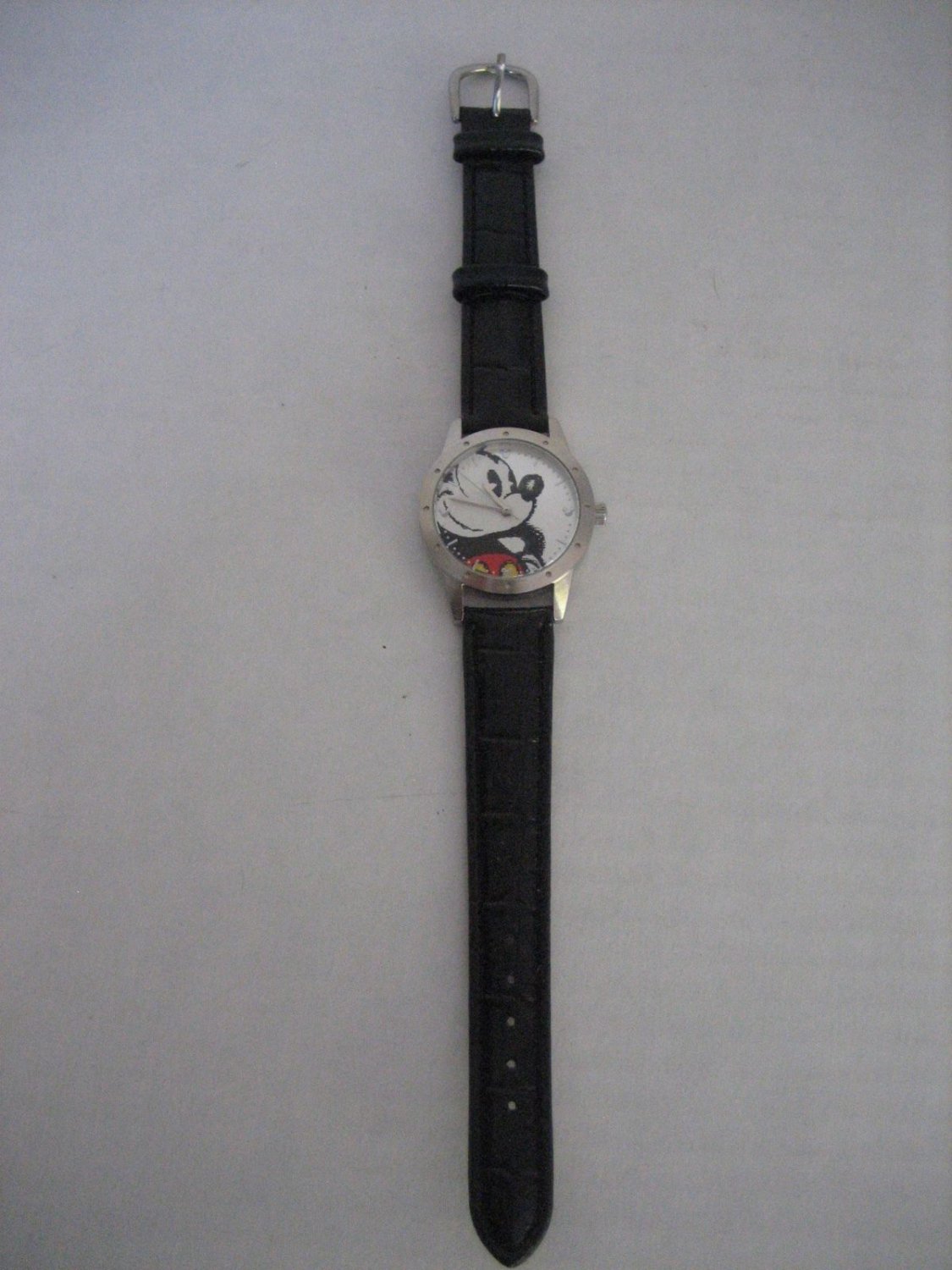 Disney Mickey Mouse Black Leather Band Face Wristwatch Needs New Battery Pre-Own