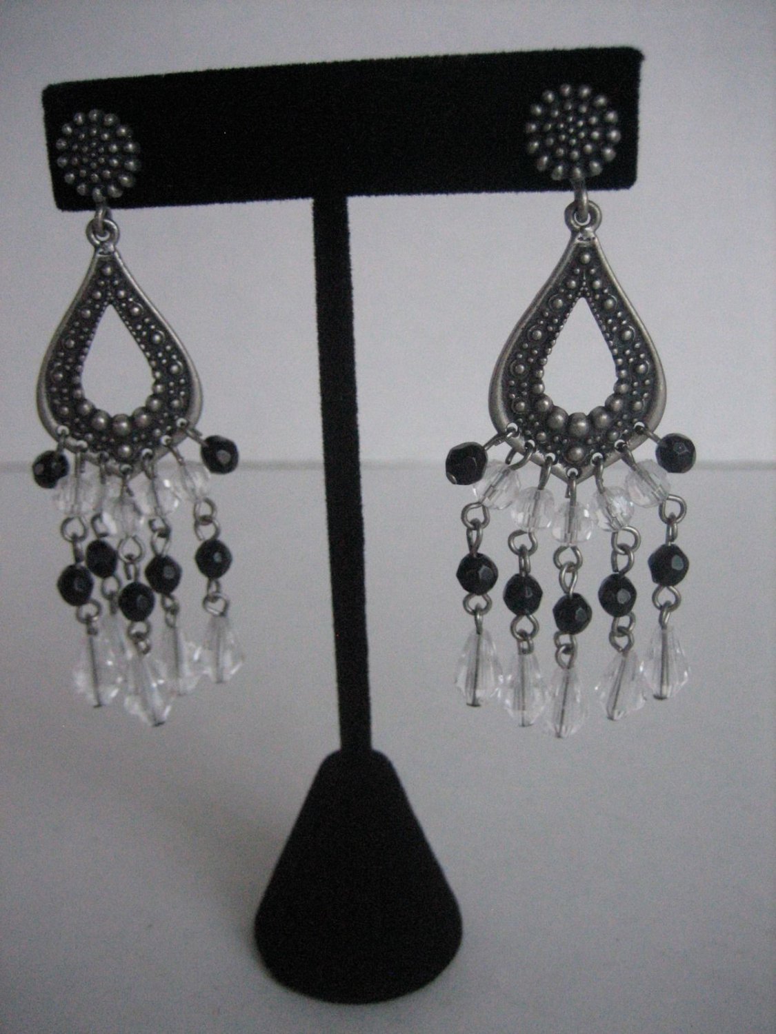 Chic Chandelier Pierced Silver Metal Clear & Black Beaded Chandelier Earrings NW