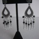 Chic Chandelier Pierced Silver Metal Clear & Black Beaded Chandelier Earrings NW