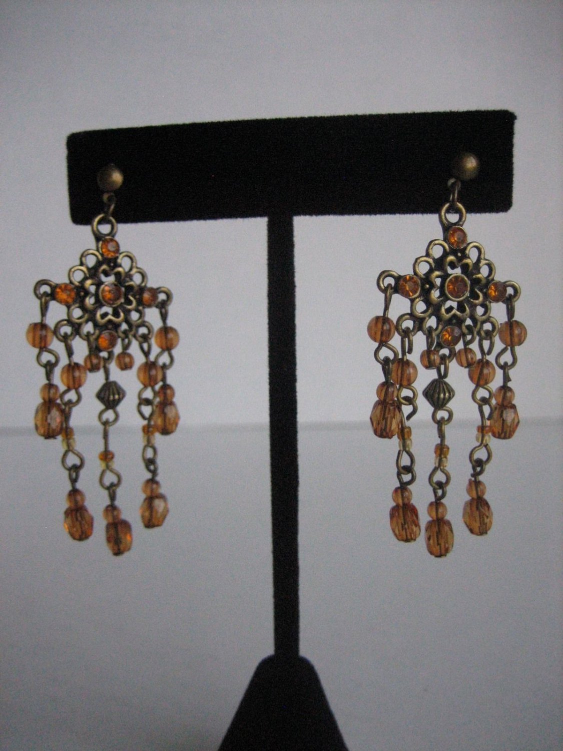 Chic Chandelier Pierced Gold Antique Metal Topaz Color Bead Chandelier Earrings