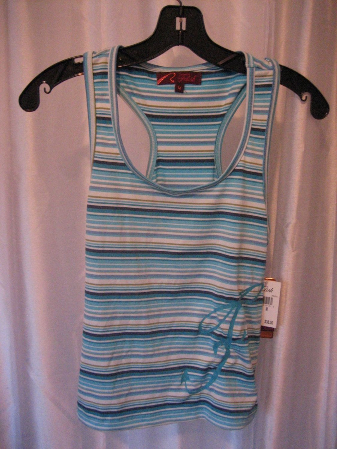 Fetish Junior Size Aqua Blue/White Striped Tank Top Shirt Sz M NWWT 90%Polyester