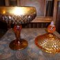 Amber Gold Banded Diamond Point Glass Candy Dish/Compote w/Lid