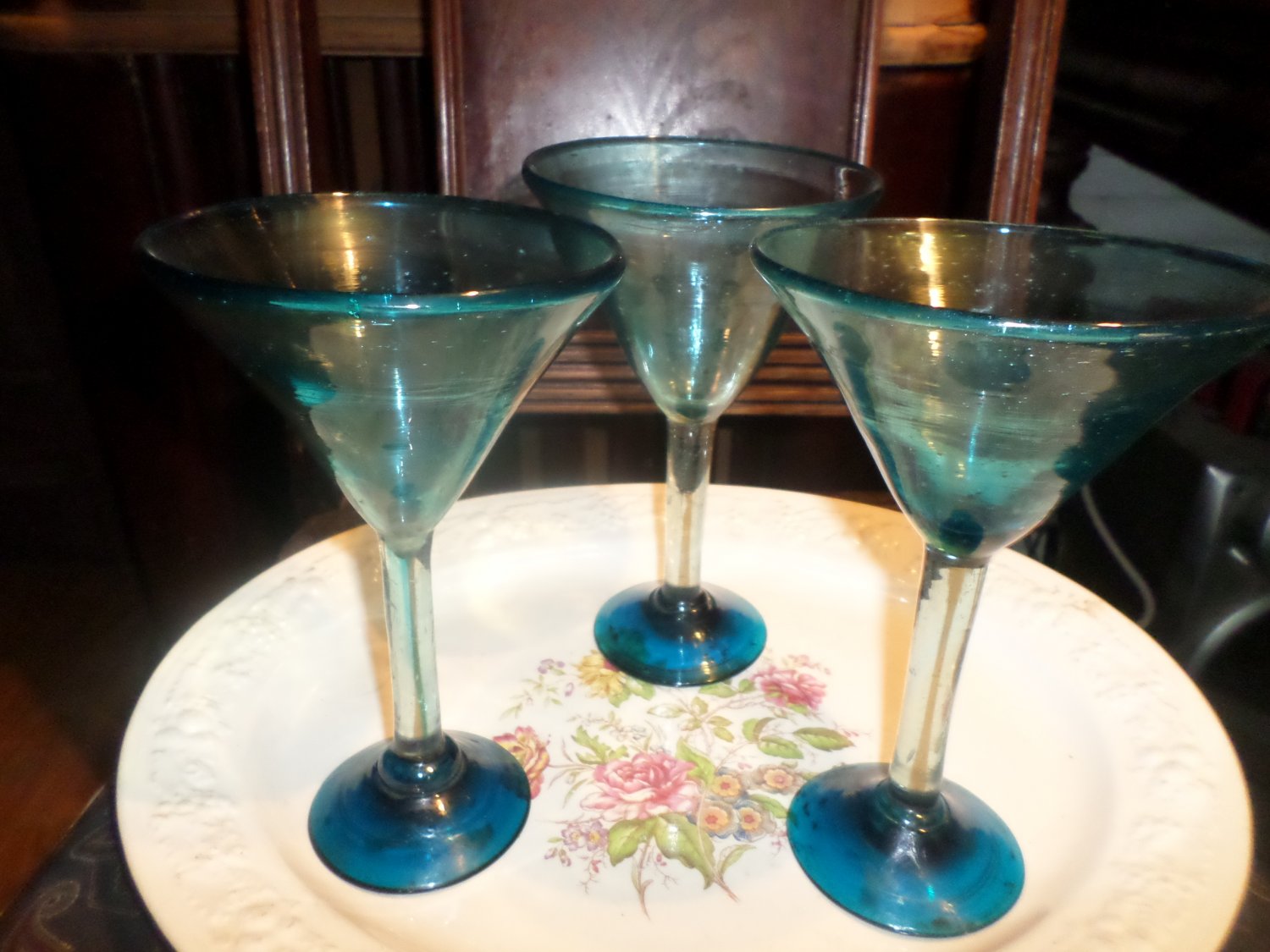 3 Martini Margarita blown stemmed glasses,