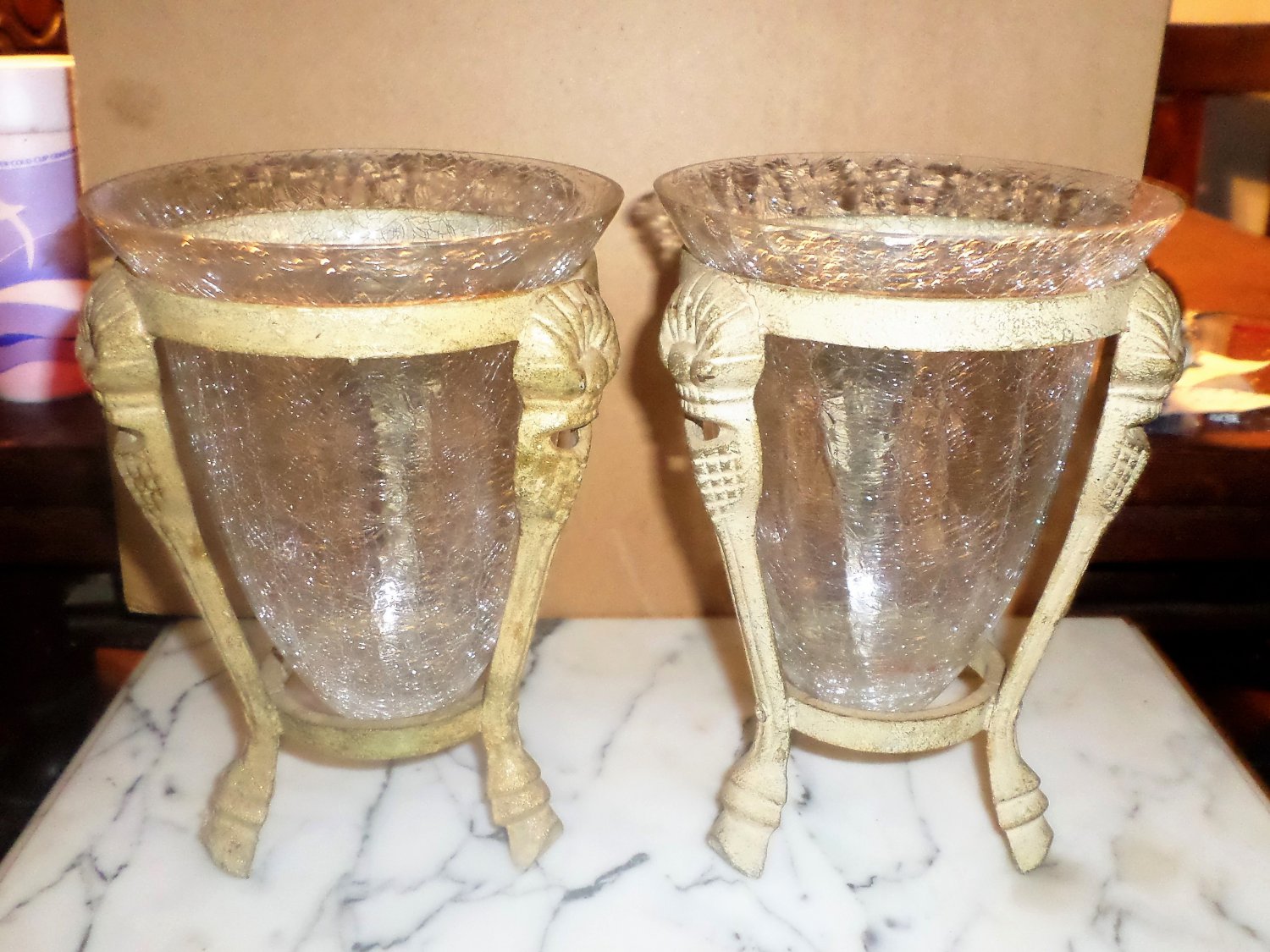 2 Shabby & Chic cast iron stands and Crackle glass candleholders/votives
