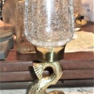 Vintage Brass Dolphin Candlestick & Crackle Glass Shade 12in. tall