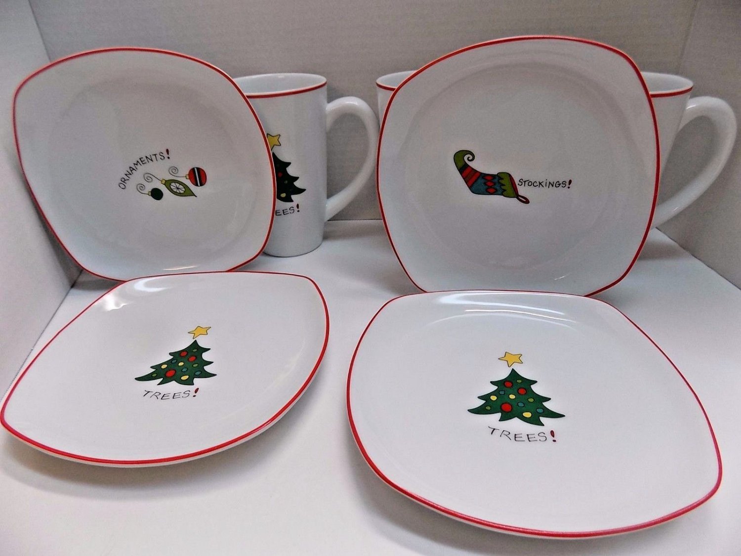NEW FITZ & FLOYD MERRY CHRISTMAS MUGS PLATES 8 PIECE SET ORNAMENT TREE