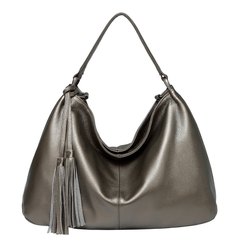 Bronze Leather Hobo Bag With Tassels Accent