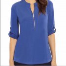 Ellen Tracy Company zip front 3/4 roll tab sleeves Blue Radiance