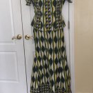 African fabric 2 pcs top & maxi skirt set 14USA Green/white/lemon