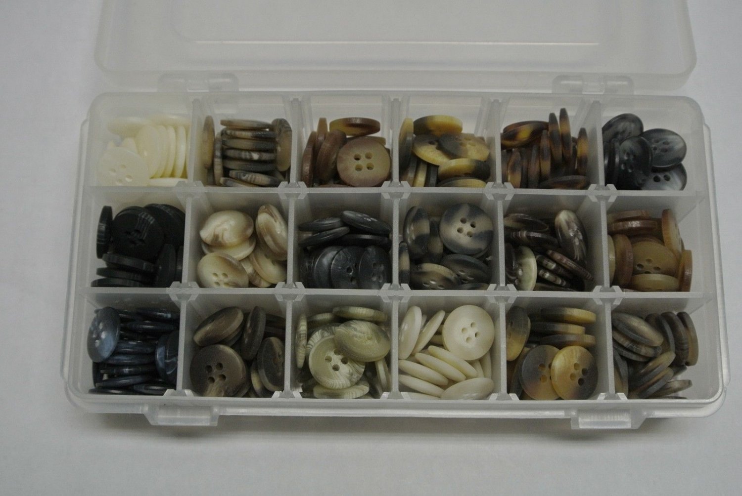 Large Lot (8 oz) Mixed Small Flat 4 Hole Swirl Shirt Buttons in Compartment Case