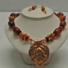 Handmade 18" Carnelian Bead Copper Pendant Vermeil Clasp Necklace & Earring Set
