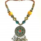 Vintage Brass & Beaded Pendant Statement Necklace
