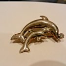 Vtg Sterling Silver Dolphin, Porpoise Mother & Baby Pin Brooch w/Crystal