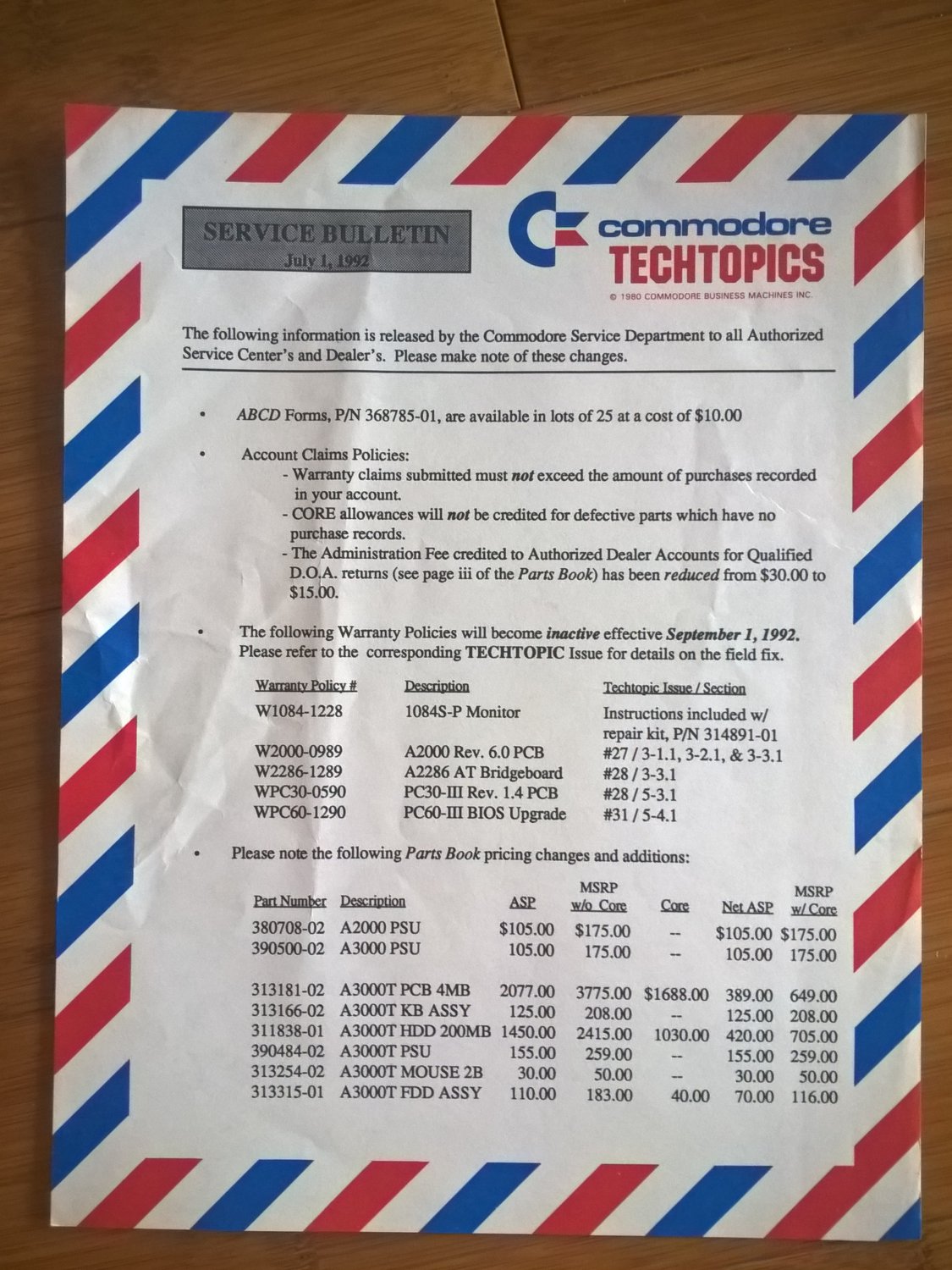 Genuine Commodore TechTopics Service Bulletin - Jul. 1, 1992 Amiga PC30 PC60 A2286