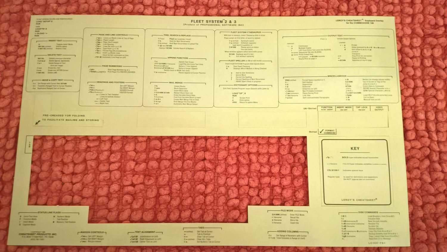 Fleet System 2 & 3 Keyboard Overlay / Cheatsheet For Commodore 128, BRAND NEW, Leroyâs