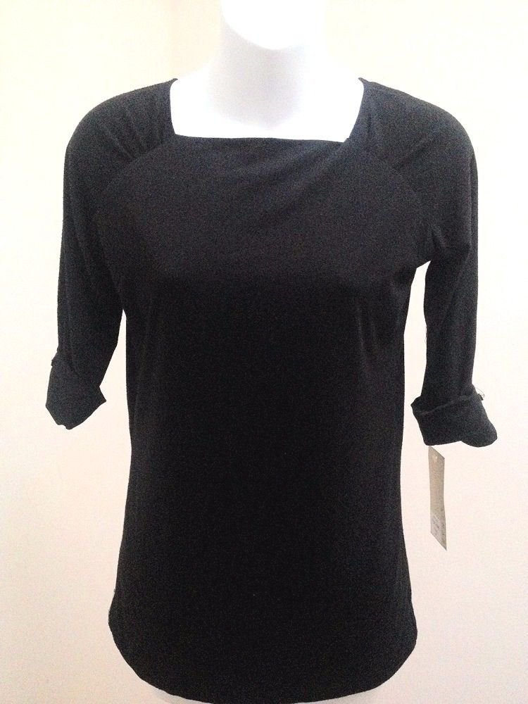 Kenar M Top Black Knit Square Neck 3/4 Sleeve Folded Cuffs Sweater
