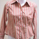 ANN TAYLOR Loft 2P Shirt Pink Green Striped Fitted Cotton Long Sleeve Career Top