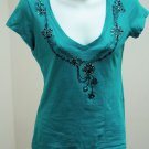 Express S Top Turquoise Beaded Printed Necklace Cap Sleeve Tee Shirt Small