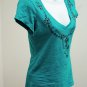 Express S Top Turquoise Beaded Printed Necklace Cap Sleeve Tee Shirt Small