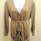 Lauren Hansen XL Brown Long Cardigan Belted Draped Pockets Cotton Silk Sweater