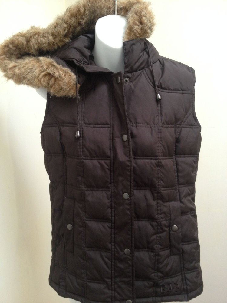Gap S Vest Brown Quilted Puffer Hooded Faux Fur Trim