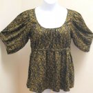 H&M 14 Top Black Gold Paisley Paisley Swirl Peasant Puffed Sleeves Shirt