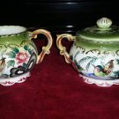 Vintage Creamer & Sugar Set Green and Beige Birds Flowers Beautiful Gold Detail,