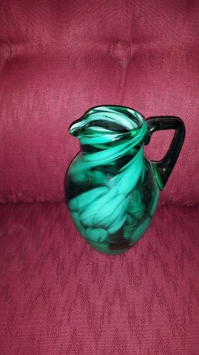 Vintage Dark Green & Light Green Art Glass Blown Pitcher/Vase Swirled Flecked