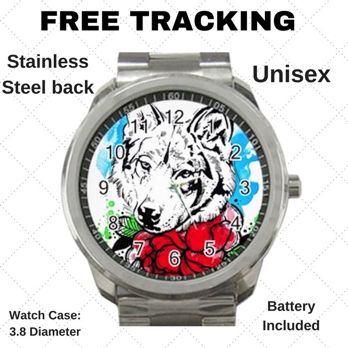 Nice Wolf Art With Roses Unisex Sport Metal Watch