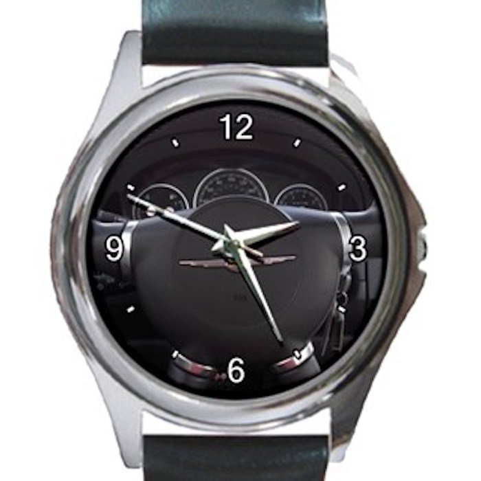 Chrysler Steering Wheel Unisex Round Metal Watch-Leather Band
