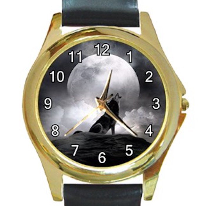 Wolf In The Moon Unisex Round Gold Metal Watch-Leather Band