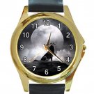 Wolf In The Moon Unisex Round Gold Metal Watch-Leather Band