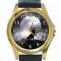 Wolf In The Moon Unisex Round Gold Metal Watch-Leather Band