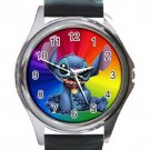 Disney Stitch Coloful Background Unisex Round Metal Watch-Leather Band