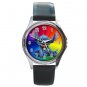 Disney Stitch Coloful Background Unisex Round Metal Watch-Leather Band