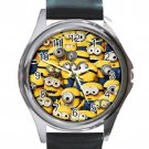 Minions Movie Unisex Round Metal Watch-Leather Band