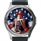 John Wayne & American Flag Unisex Round Metal Watch-Leather Band