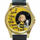 Snoopy & Charlie Brown Love You To The Moon Unisex Round Gold Metal Watch-Leather Band