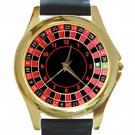 European Roulette Unisex Round Gold Metal Watch-Leather Band