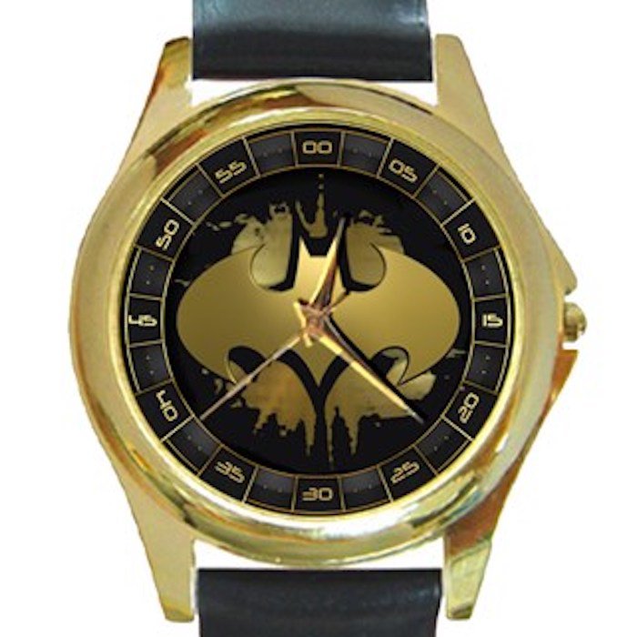 Batman Special Design Logo Unisex Round Gold Metal Watch-Leather Band