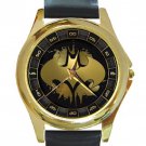 Batman Special Design Logo Unisex Round Gold Metal Watch-Leather Band